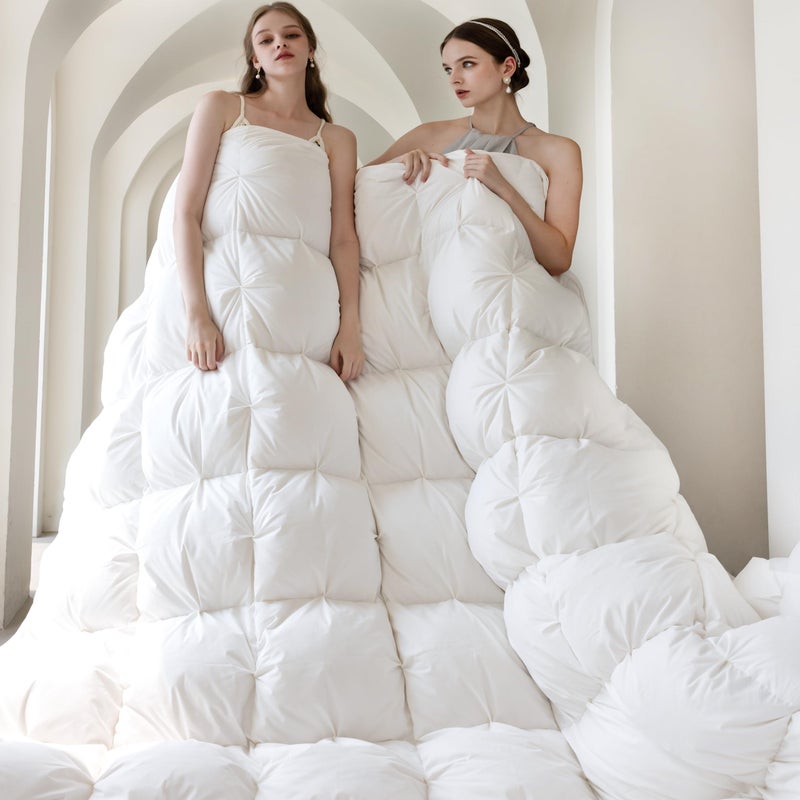 KAKABELL Pinch Pleat Goose Down Feathers Fiber Comforter Full/Queen Size All Season-Ultra Soft and Cozy Noiseless Duvet Insert with Egyptian Cotton Blend Cover,Fluffy Warm Comforter White,90"X90" - Image 1